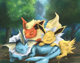 Eeveeloutions Sleeping Pokemon Print (Jolteon, Vaporeon, Flareon)