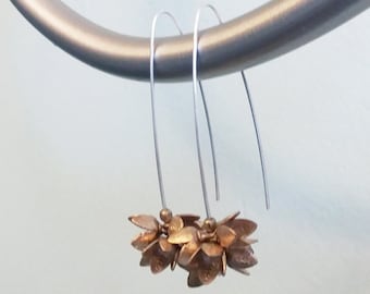 Bouquet Earrings, Hammered Sterling Silver Wire, Vintage Brass End Caps, Flower Floral Cluster