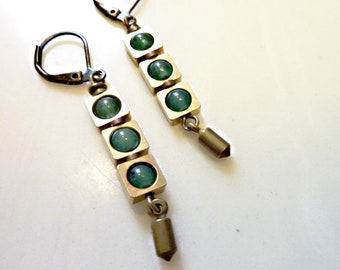 Brass Squares and Green Aventurine Beads, Geometric Cube,  Czech Glass, Round Circle, Green Light Earrings