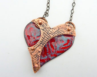 3D Enamel Heart Pendant, Glass, Copper Enamel, Red Blue Gray, Valentine's Day, Love Necklace, OOAK One Of A Kind