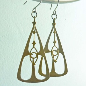 Cast Bronze Dangle Earrings: Geometric Triangle, Vintage Style, Mod Pendulum Earrings