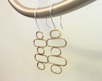 Soldered Brass & Sterling Silver Earrings: Mid Century Modern Geometric Ovals