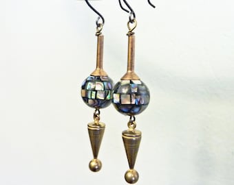 Abalone Mosaic Dangle Earrings, Abalone Beads, Paua Shell, Vintage Brass Bead Caps, Ball Cone Charms, Healing Energy