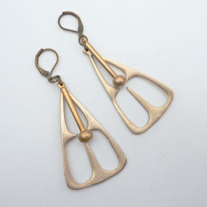 Mod Pendulum Earrings, Cast Bronze, Solid Brass Dangle, Geometric Triangle, Cut Out Gold Pendant, Vintage Style image 3