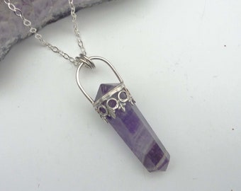 Amethyst Obelisk Pendant, Crown Bezel, Hexagon, Purple Stone, Gemstone Point