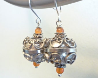 Berber Scroll Earrings, Vintage Moroccan Bead Earrings with Carnelian Beads, Sterling Silver Ear Wires, OOAK One of A Kind