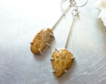 Fossil Coral Swing Earrings, Asymmetrical Earrings, Gemstone Earrings, Prong Setting, Sterling Silver