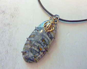 Orthoceras Fossil and Scarab Pendant, Egyptian Revival, Art Deco, Scarab Beetle, Insect Jewelry, Prong Setting Unisex Jewelry, Amulet