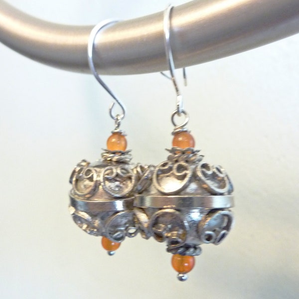 Berber Scroll Earrings, Vintage Moroccan Bead Earrings with Carnelian Beads, Sterling Silver Ear Wires, OOAK One of A Kind