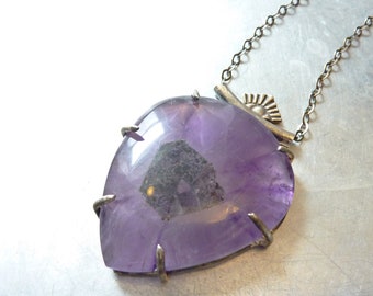 Trapiche Amethyst Eye Crystal Pendant, Prong Set Sterling Silver, Purple Stone, OOAK