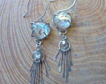 Mermaid Earrings, Abalone and Quartz Crystal, Mother of Pearl, Sterling Silver Fringe, OOAK, Nautical Marine