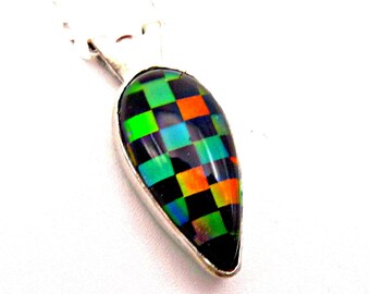 Aurora Opal Checkerboard Necklace: Sterling Silver Teardrop Pendant