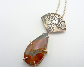 Peanut Obsidian and Silver Poppy Necklace, Teardrop Gemstone, Etched Sterling Silver, Poppy Pendant, OOAK One of A Kind