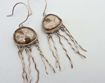 Golden Sapphire Jellyfish Earrings: Sterling Silver Nautical Dangles