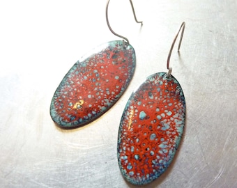 Red Galaxy Enamel Earrings, Glass Enamel, Copper Enamel, Crackle Glass, Oval Earrings, OOAK