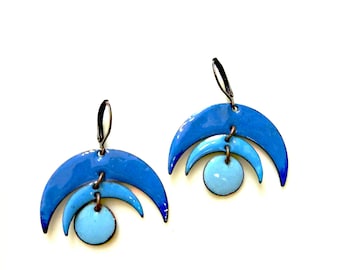 Moon Phase Earrings, Hand Enameled on Copper, Crescent Earrings, Celestial Jewelry, Glass Enamel