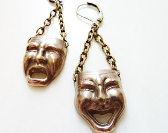 Comedy Tragedy Earrings, Hand-Cast Bronze or Sterling Silver, Mask, Face, Figural, Theater, Drama, Acting, Thespian