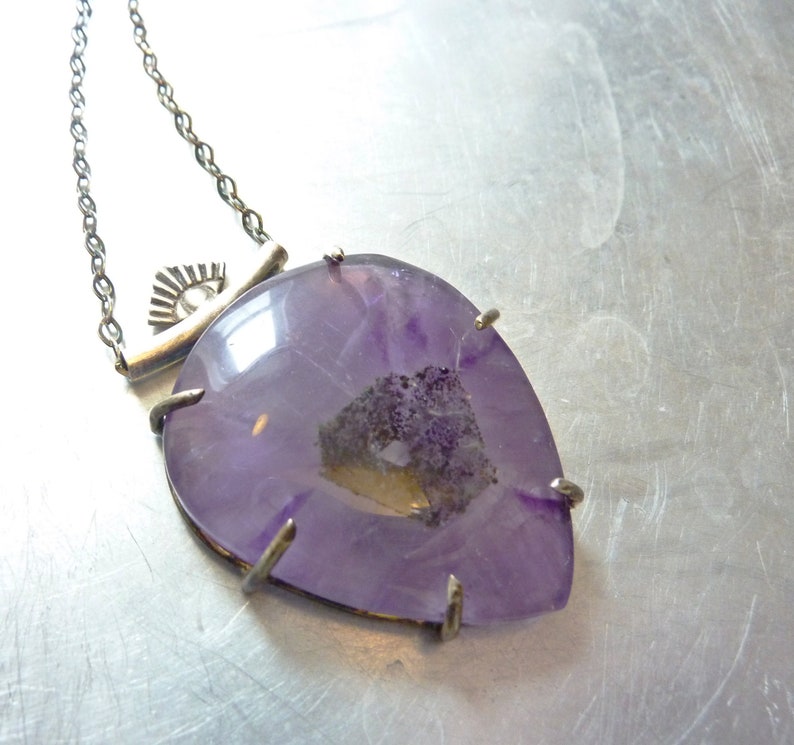 Trapiche Amethyst Eye Crystal Pendant, Prong Set Sterling Silver, Purple Stone, OOAK image 3