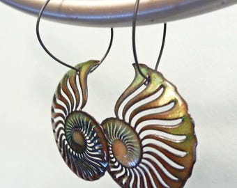 Ammonite Enamel Earrings: Copper Golden Spiral, 14k Gold Filled Wires
