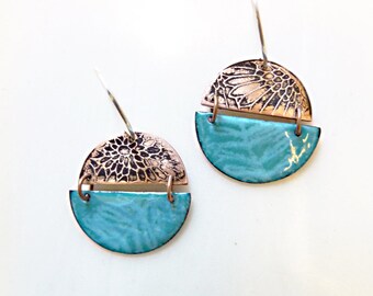 Hand-Etched and Enameled on Copper Earrings, Glass Enamel, Floral, Fern, Leaf Pattern, Pluma Earrings