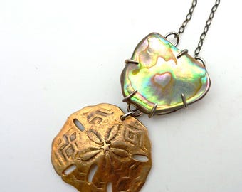 Abalone & Bronze Sand Dollar Necklace, Sterling Silver Nautical Jewelry RESERVED