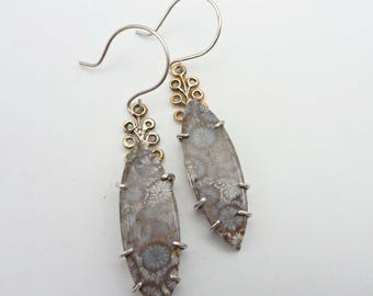 Fossil Coral Branch Earrings, OOAK, Prong-Set Sterling Silver, Gemstone Earrings, Art Deco