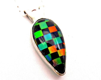 Aurora Opal Checkerboard Necklace: Sterling Silver Teardrop Pendant