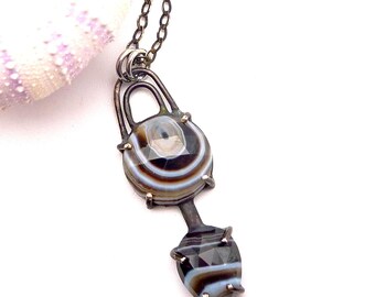 Rose Cut Botswana Agate Necklace: Striped Gemstone, Sterling Silver SALE