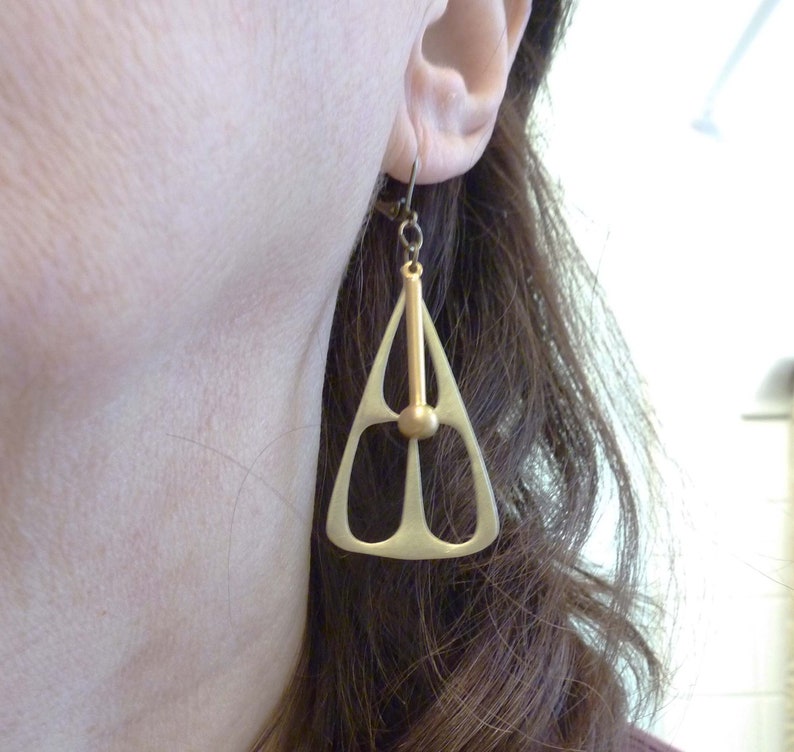 Mod Pendulum Earrings, Cast Bronze, Solid Brass Dangle, Geometric Triangle, Cut Out Gold Pendant, Vintage Style image 5