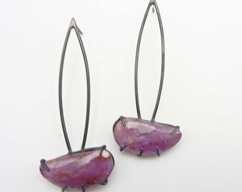 Oxidized Sterling Silver Wing Earrings: Fuchsia Sapphire Studs