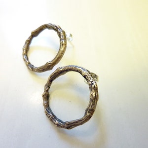 Linden Twig Hoop Earrings, Oxidized Bronze and Sterling Silver, Lost Wax Cast, Organic Nature Woodland, Bark Texture, Everyday