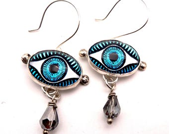 Evil Eye Earrings: Sterling Silver, Czech Glass Teardrops, Artisan Jewelry