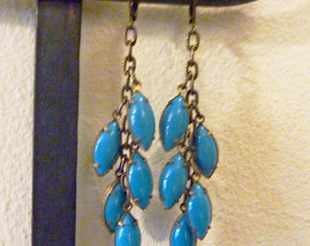 Cascading Leaves Earrings in Turquoise Blue, Vintage Glass and Brass Beads, 1950s Rare Beads