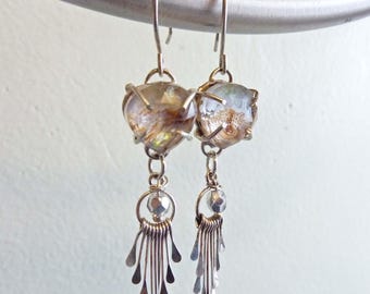 Mermaid Earrings, Abalone and Quartz Crystal, Mother of Pearl, Sterling Silver Fringe, OOAK, Nautical Marine