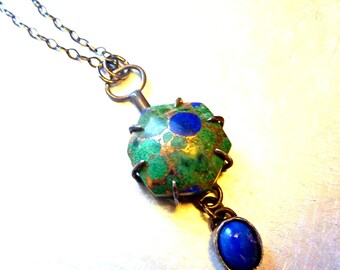 Azurite Malachite Hexagon Necklace, Gemstone Necklace, Prong Setting, Bezel Set, OOAK One of A Kind, Modern Artisan Metalwork, Energy Stone