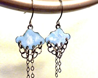 Rain Cloud Dangle Earrings: Blue Enamel, Sterling Silver Chain
