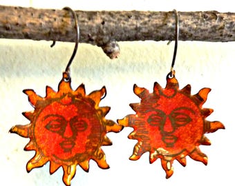 Enamel Sun Face Earrings: Copper, Red Orange, Sterling Silver Wires