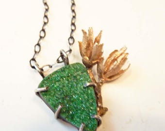 Uvarovite Garnet Wildflower Necklace: Sterling Silver & Bronze OOAK