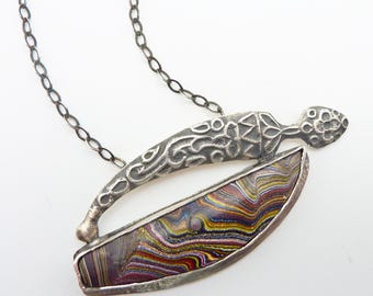Fordite Saber Necklace: Striped Detroit Agate, Sterling Silver Sword