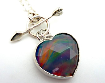 Aurora Opal Heart Pendant: Sterling Silver Cupid Arrow Toggle Necklace