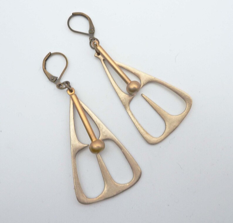 Mod Pendulum Earrings, Cast Bronze, Solid Brass Dangle, Geometric Triangle, Cut Out Gold Pendant, Vintage Style image 3