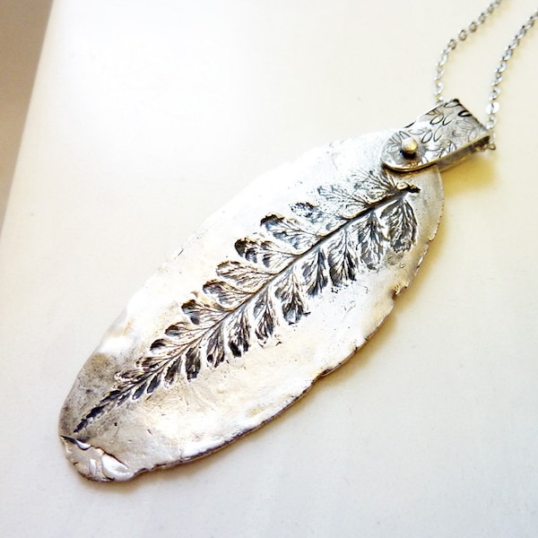 Sterling Silver Necklace With Embossed Fern Leaf, Stamped & Riveted Bail, Organic Nature Jewelry, Statement, Leaf Relic Pendant