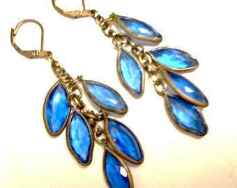 Cascading Leaves Earrings, Blue Crystal Bead Earrings, Rare Vintage Glass and Gold Brass, Organic Nature Jewelry, Boho