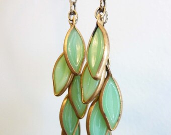 LAST PAIR! Cascading Leaves Earrings, Green Leaf Bead Earrings, Rare Vintage Glass and Gold Brass, Organic Nature Jewelry, Boho