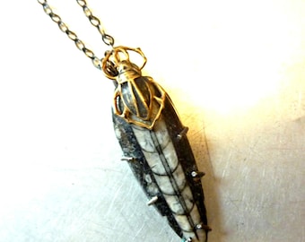 Orthoceras Fossil Pendant: Sterling Silver Scarab, Egyptian Revival Amulet