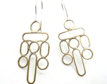 Roboto Earrings, Soldered Brass and Sterling Silver, Geometric, Robot Figures, Mid-Century Modern,  Stacked Shapes