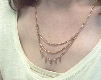 Copper Chain Dangle Necklace, Vintage Chain, Triple Tiered Necklace, Mid-Century Modern