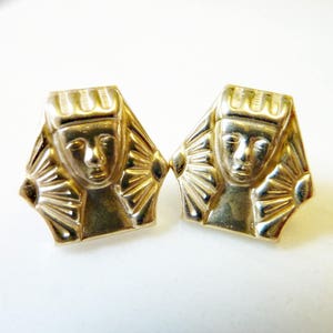 Pharaoh Stud Earrings, Vintage Gold Brass, 1950s, Sterling Silver Posts, Egyptian Revival, Art Deco