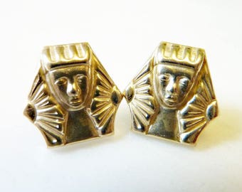 Pharaoh Stud Earrings, Vintage Gold Brass, 1950s, Sterling Silver Posts, Egyptian Revival, Art Deco