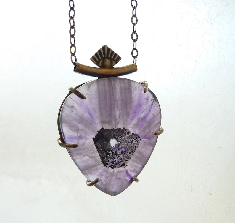 Trapiche Amethyst Eye Crystal Pendant, Prong Set Sterling Silver, Purple Stone, OOAK image 2